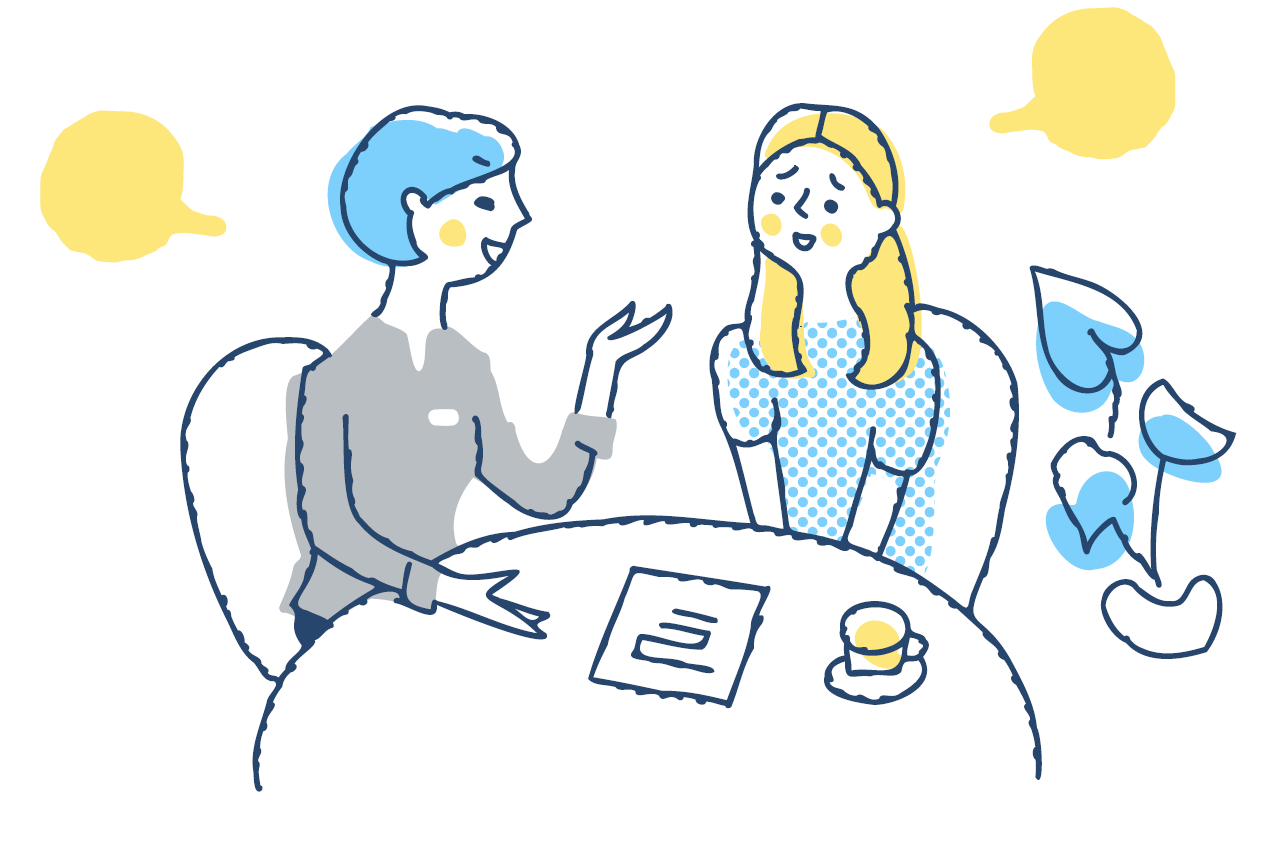 Illustratie van meisje en vrouw die aan een tafel zitten en spreken